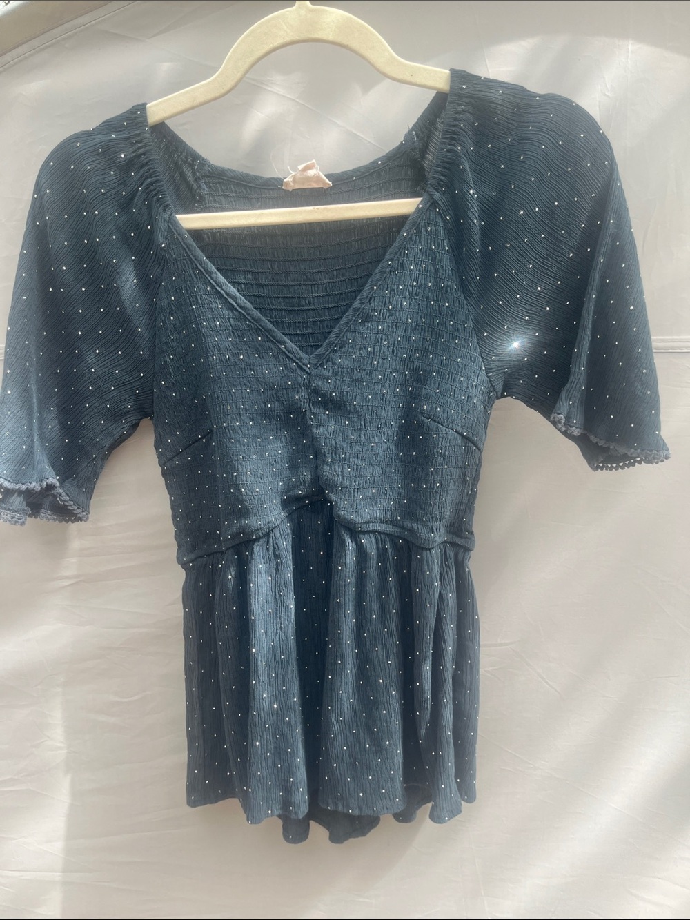 Hem & Thread Navy Blue Dot V-Neck Smocked Peplum Top
